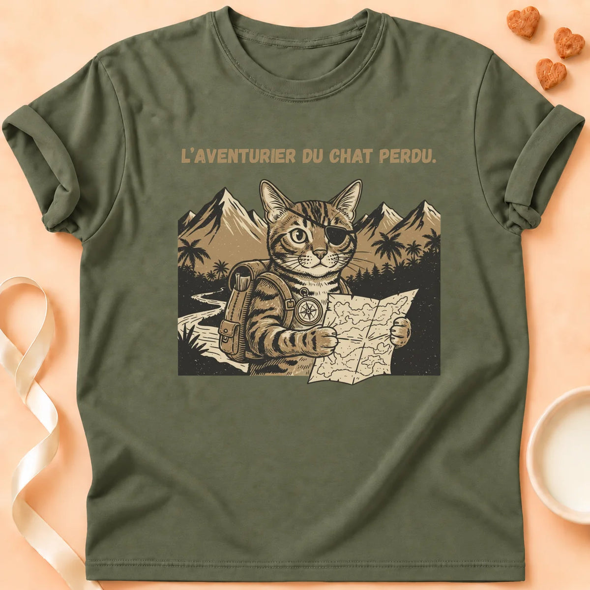 T-shirt chat Patoume – T-Shirt Aventurier – Vert kaki
