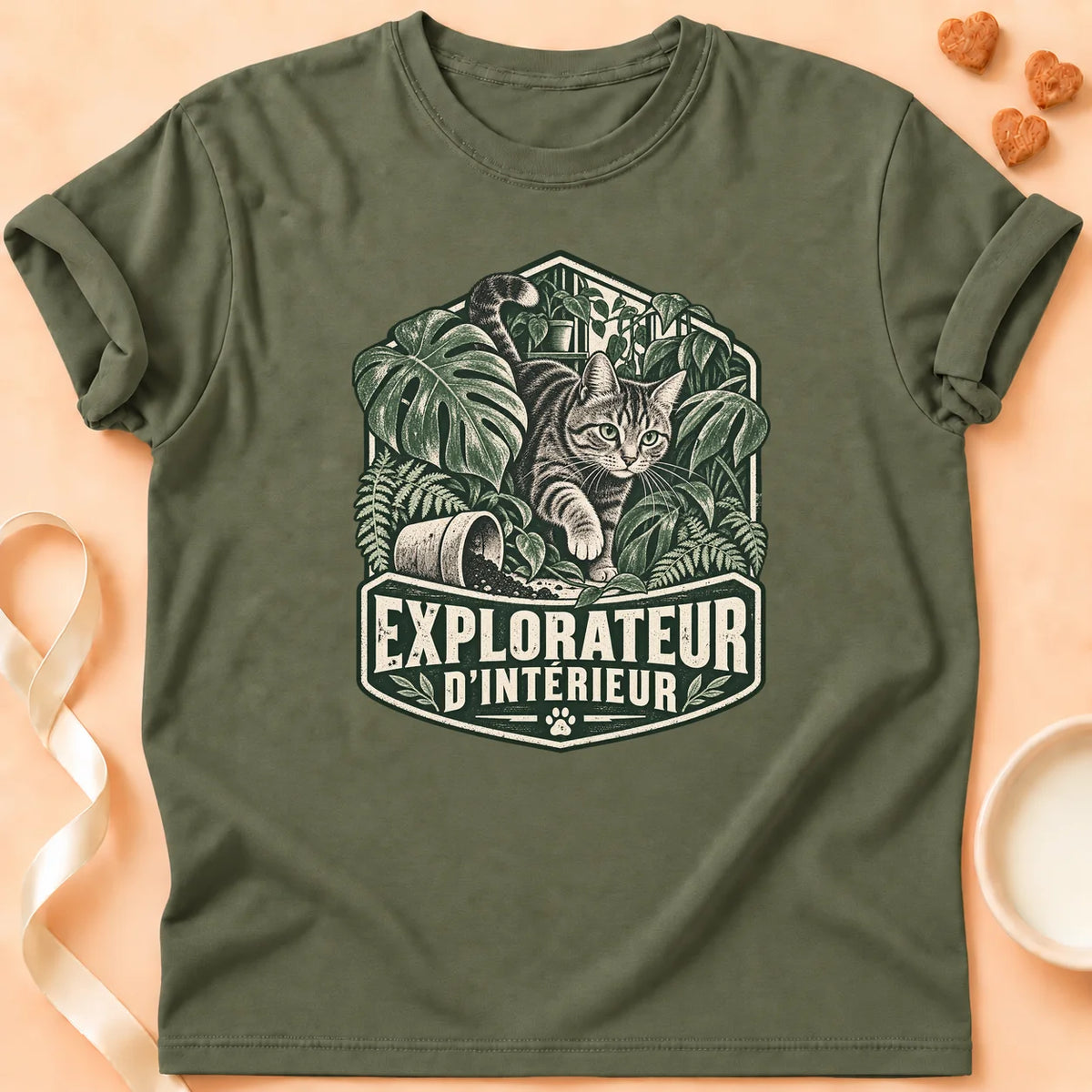 T-shirt chat Patoume – T-shirt Explorateur d’intérieur – Vert kaki
