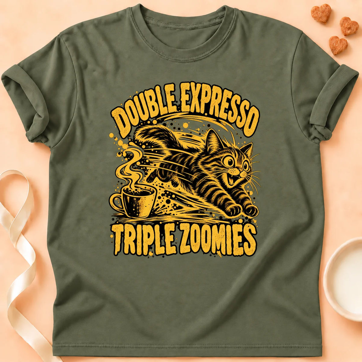 T-shirt chat Patoume – T-shirt Double expresso – Vert kaki