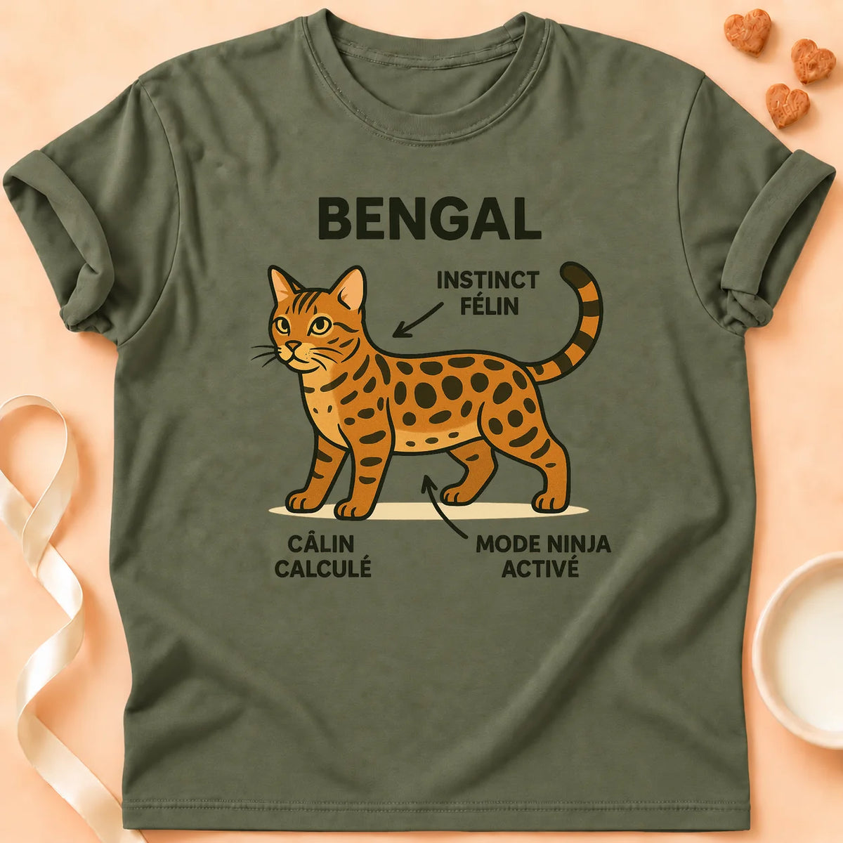 T-shirt chat Patoume – T-Shirt Bengal – Vert kaki