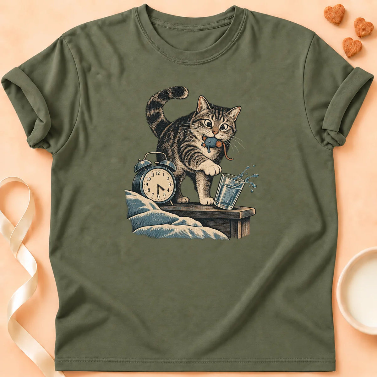 T-shirt chat Patoume – T-shirt Service de réveil – Vert kaki