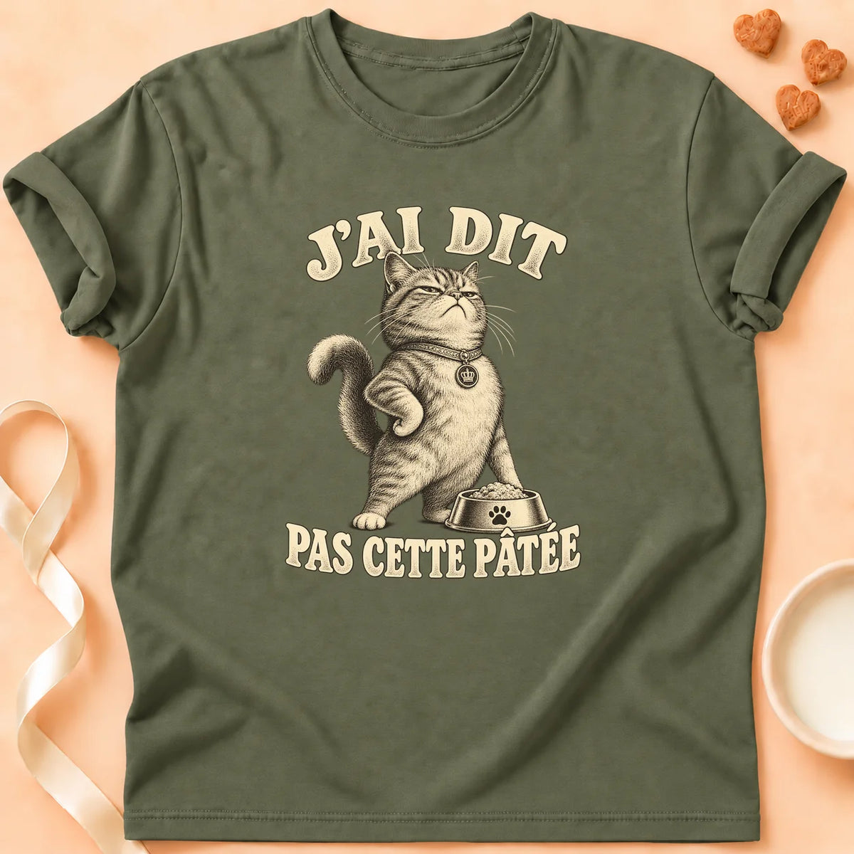 T-shirt chat Patoume – T-shirt Pas cette pâtée – Vert kaki