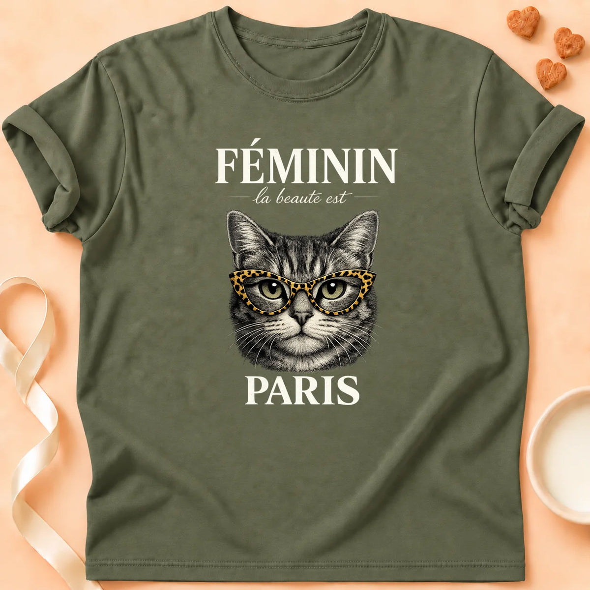 T-shirt chat Patoume – T-Shirt Paris – Vert kaki