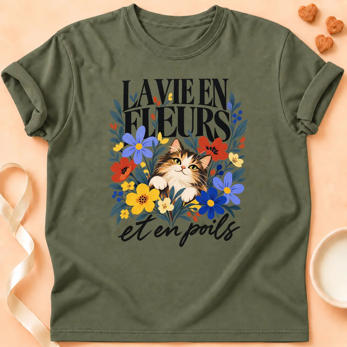 T-shirt chat Patoume – T-shirt La vie en fleurs – Vert kaki