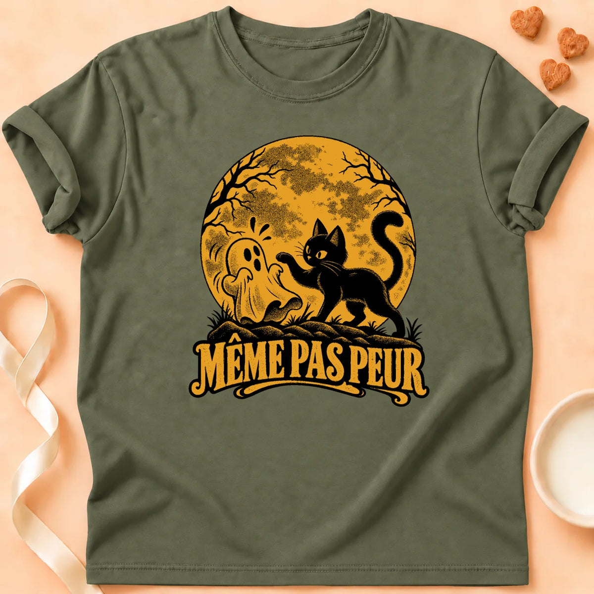 T-shirt chat Patoume – T-shirt Même pas peur – Vert kaki