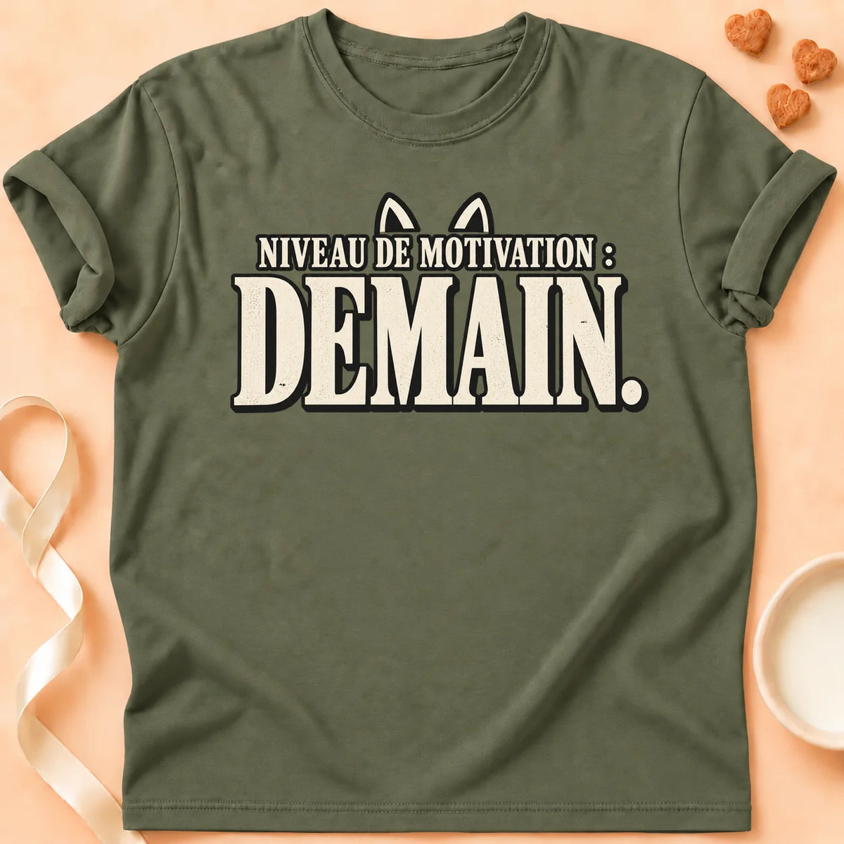 T-shirt chat Patoume – T-shirt Niveau de motivation – Vert kaki