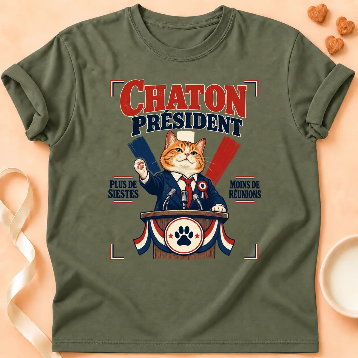 T-shirt chat Patoume – T-shirt Chaton président – Vert kaki
