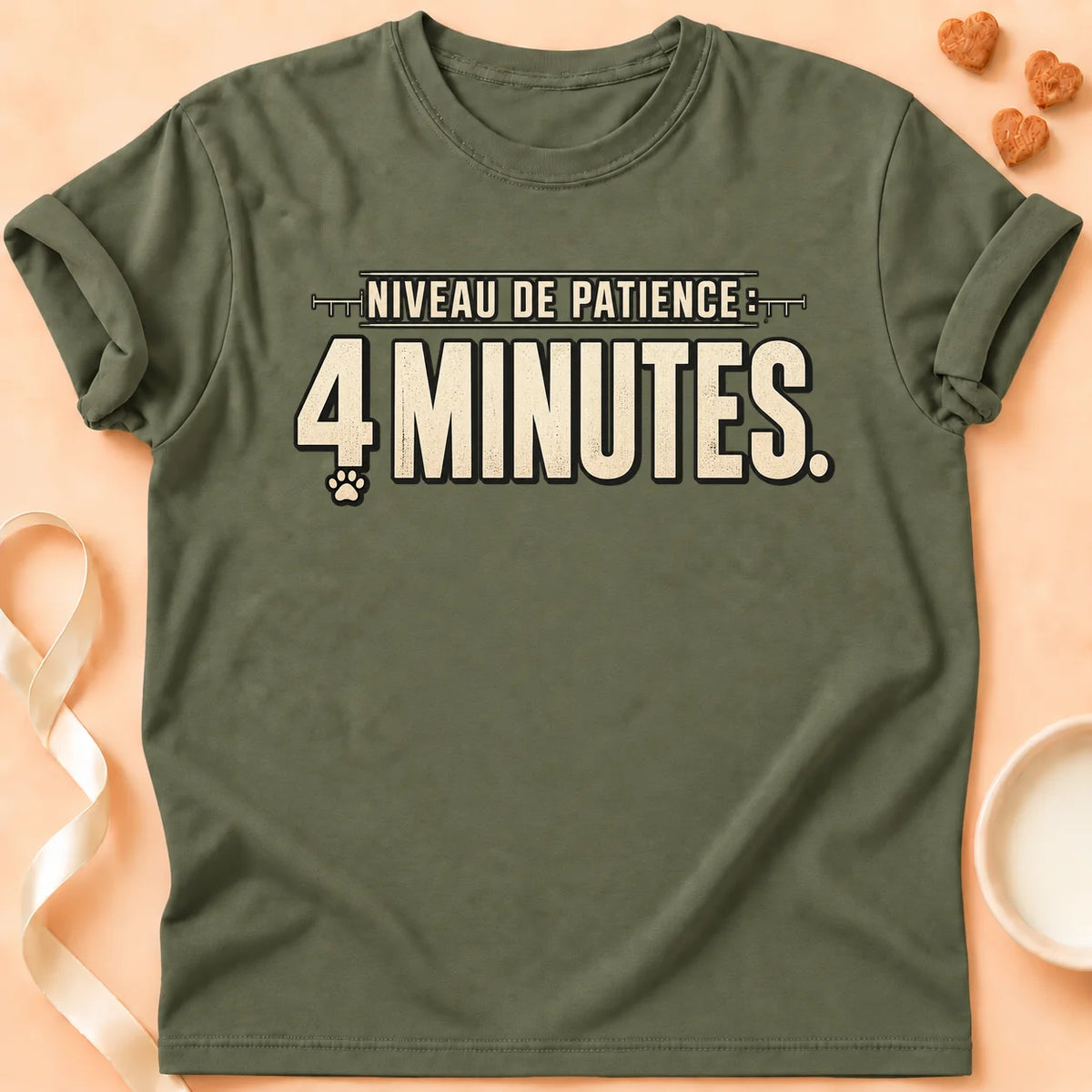 T-shirt chat Patoume – T-shirt Niveau de patience – Vert kaki