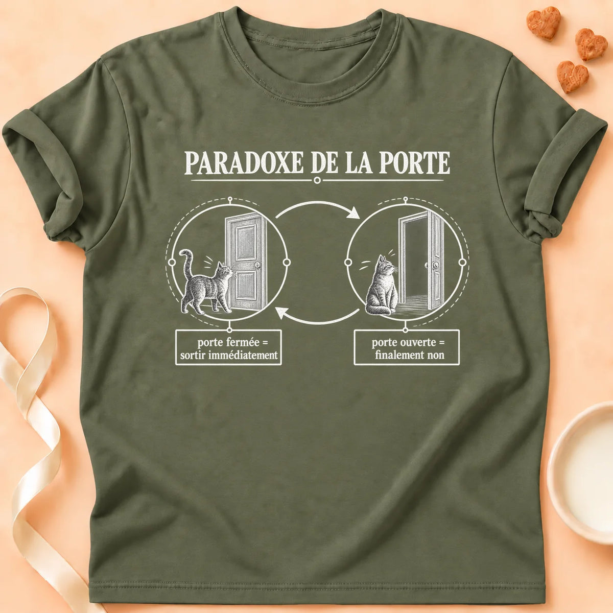 T-shirt chat Patoume – T-shirt Paradoxe porte – Vert kaki