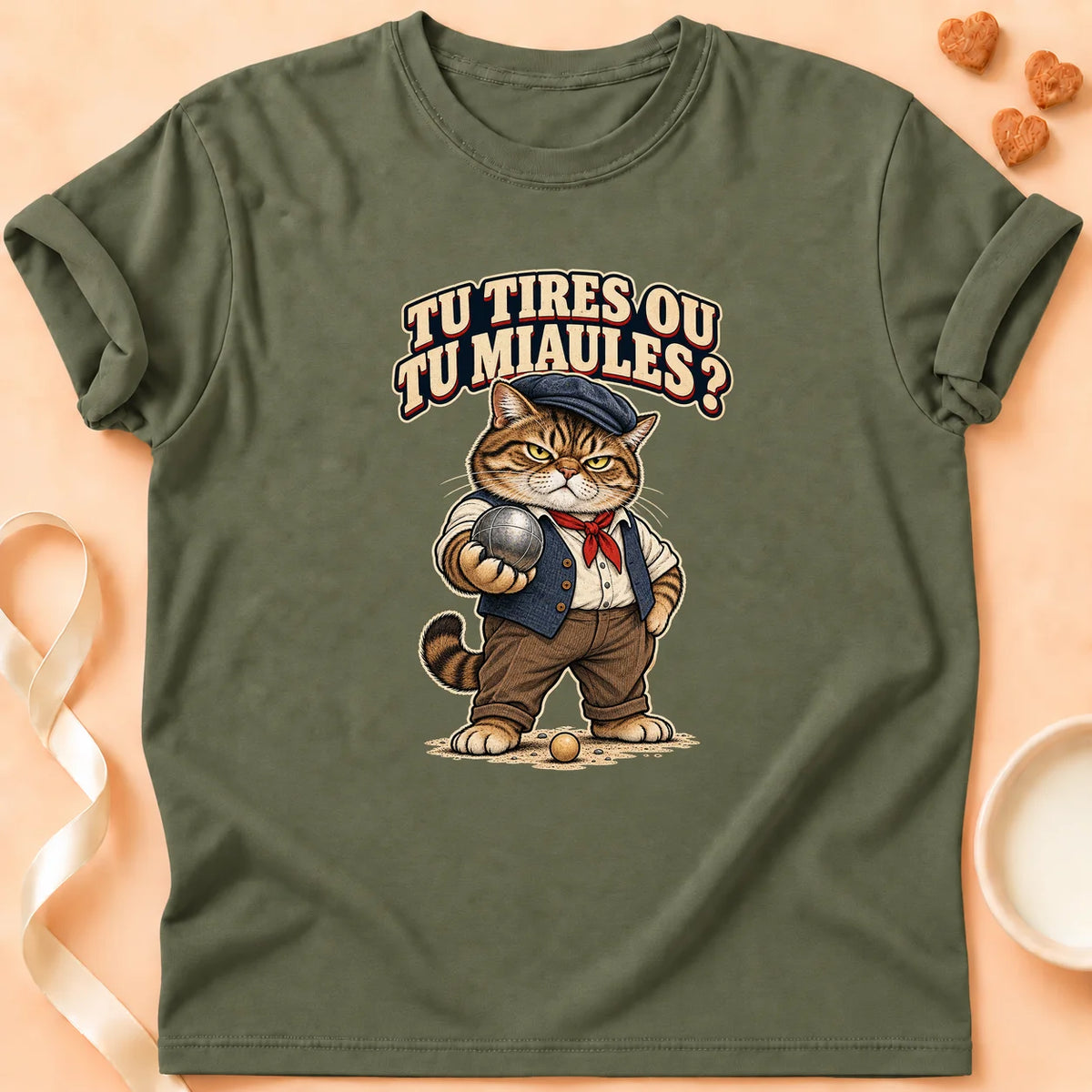T-shirt chat Patoume – T-shirt Tu tires ou tu miaules – Vert kaki