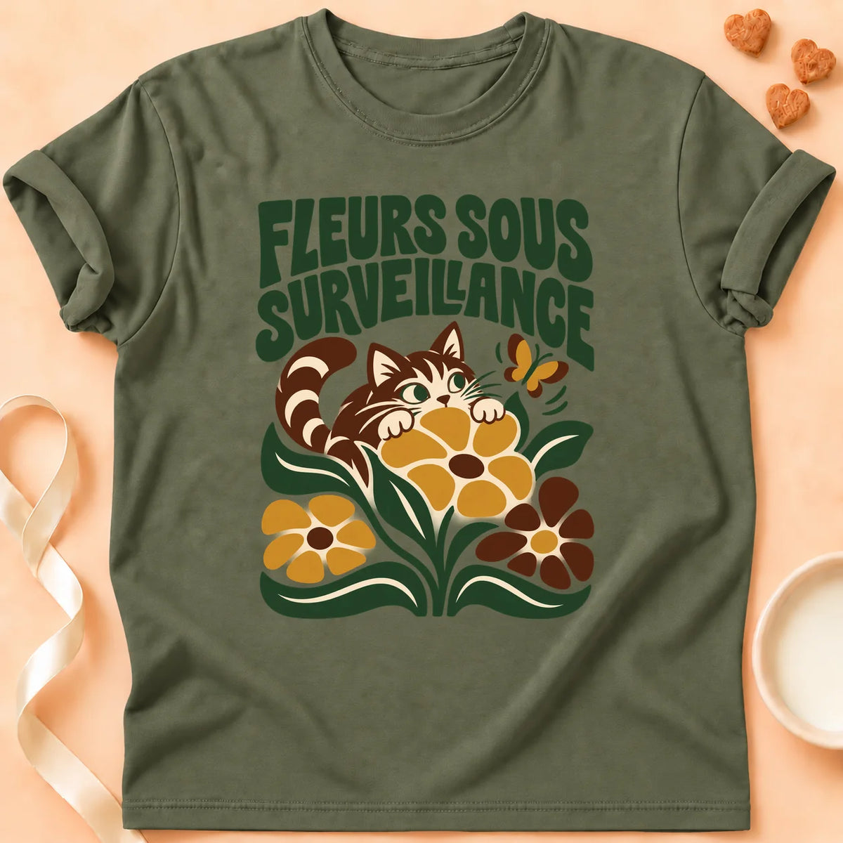 T-shirt chat Patoume – T-shirt Fleurs sous surveillance – Vert kaki
