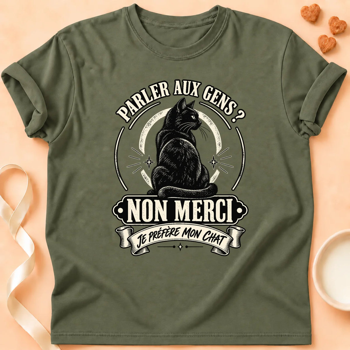 T-shirt chat Patoume – T-shirt Parler aux gens – Vert kaki