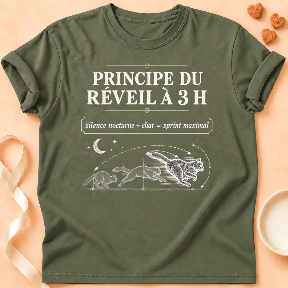 T-shirt chat Patoume – T-shirt Principe du réveil – Vert kaki