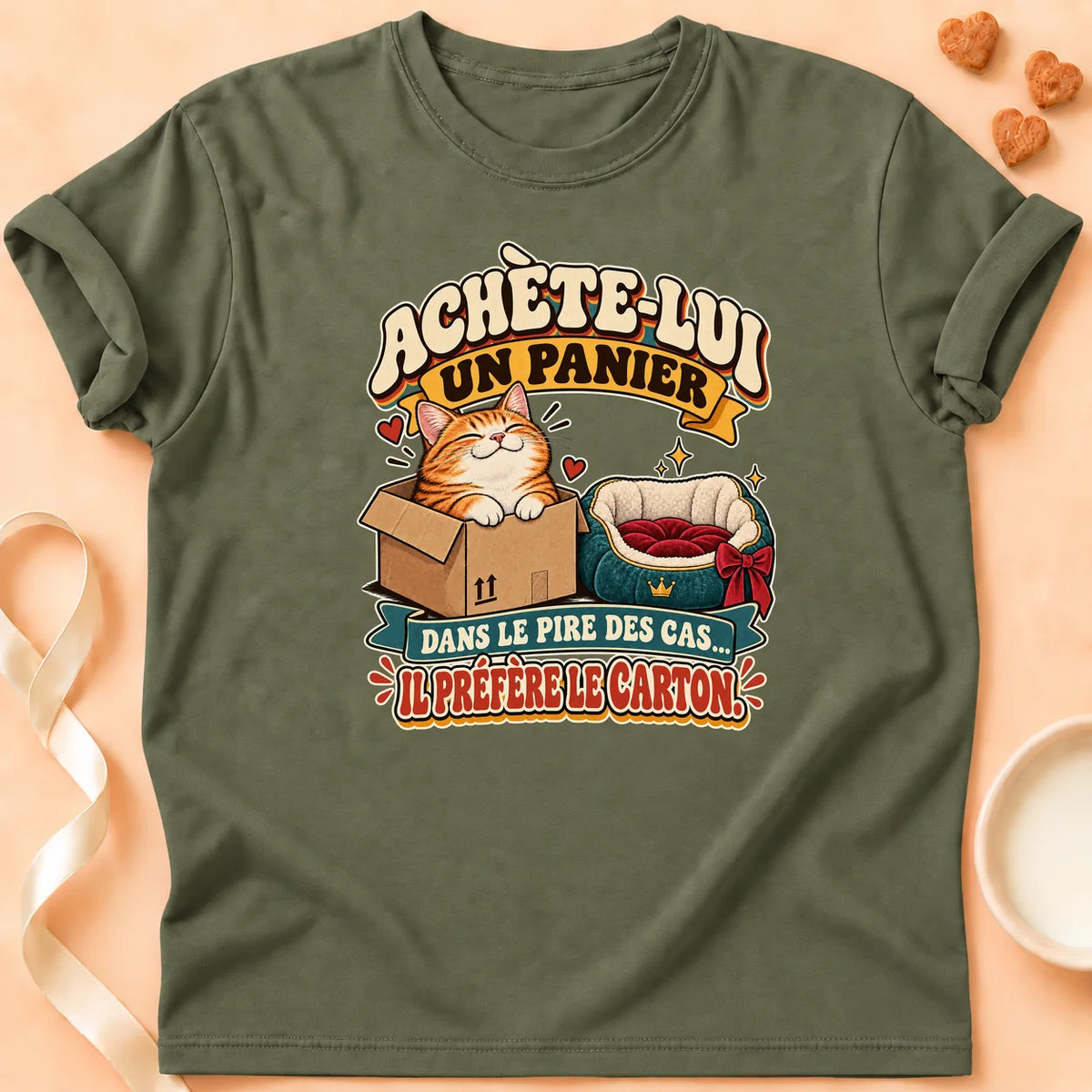 T-shirt chat Patoume – T-shirt Panier – Vert kaki