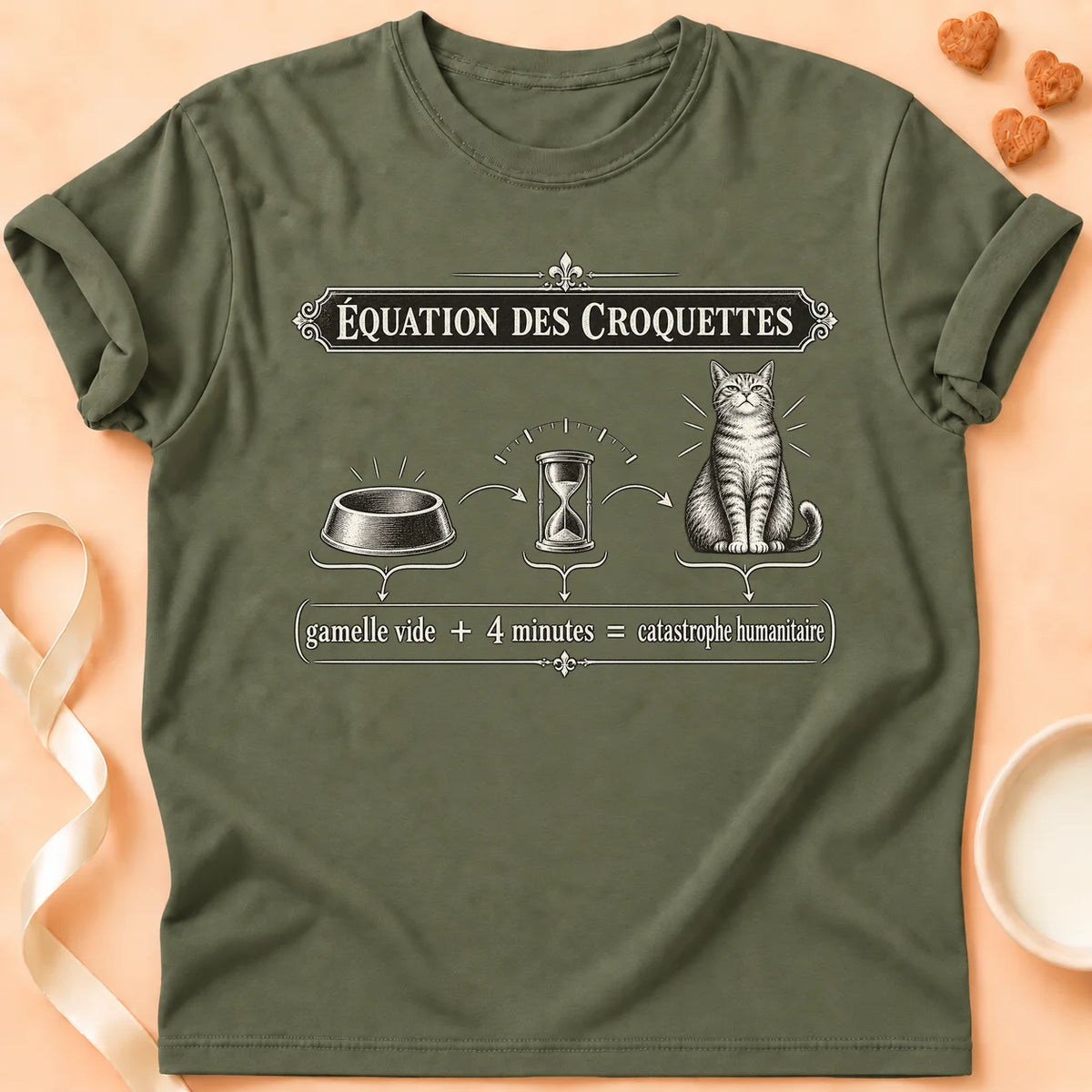 T-shirt chat Patoume – T-shirt Équation des croquettes – Vert kaki