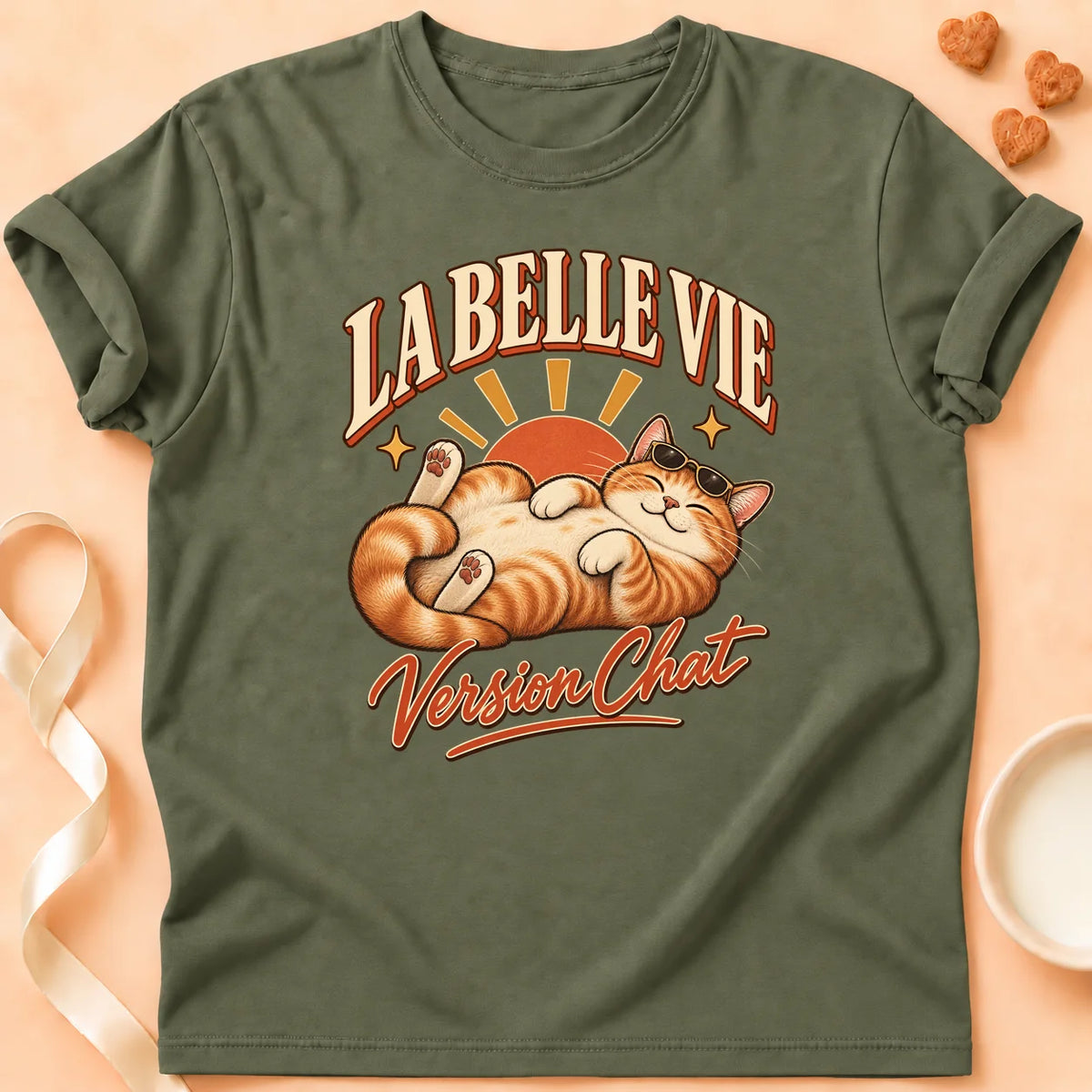 T-shirt chat Patoume – T-shirt La belle vie – Vert kaki