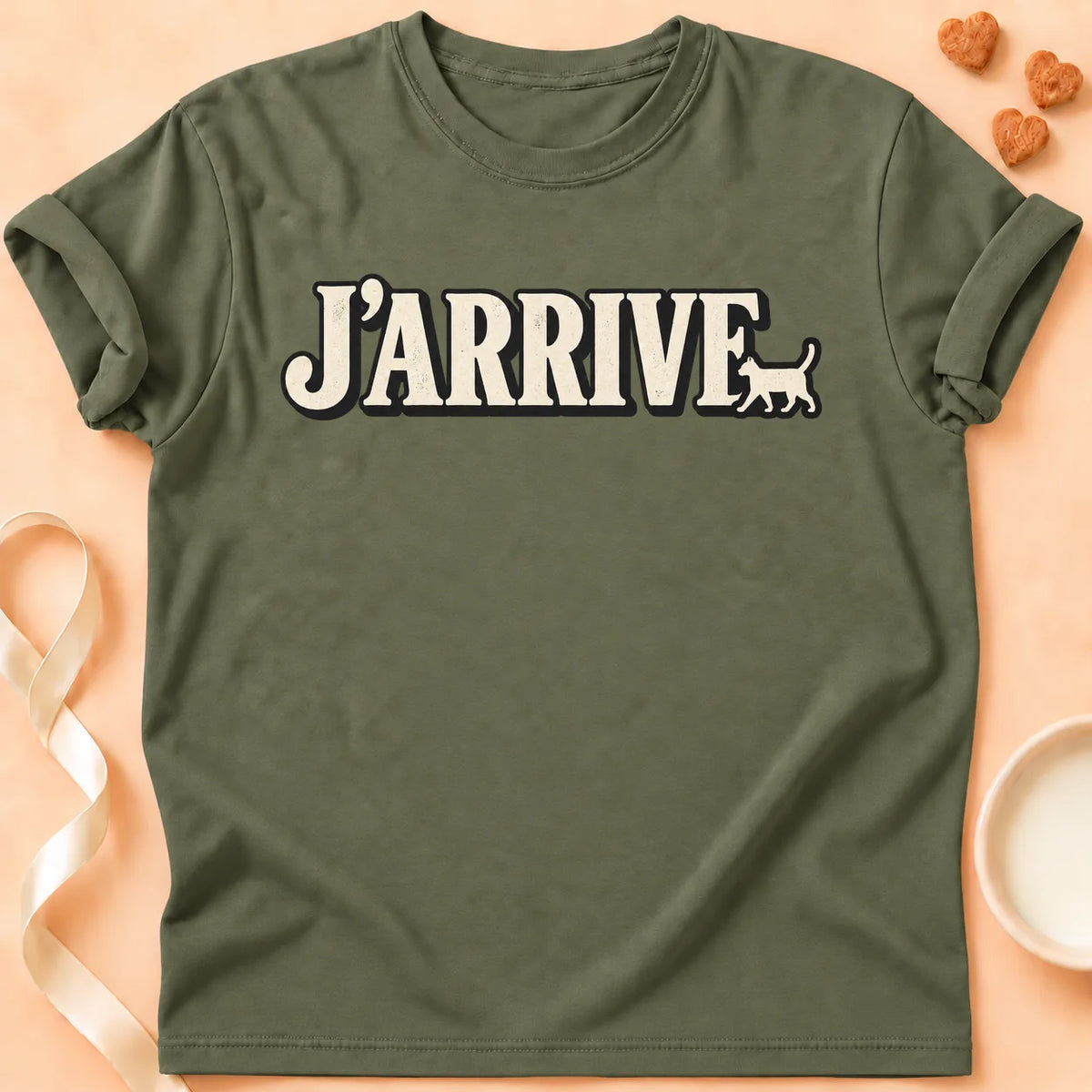 T-shirt chat Patoume – T-shirt J’arrive – Vert kaki