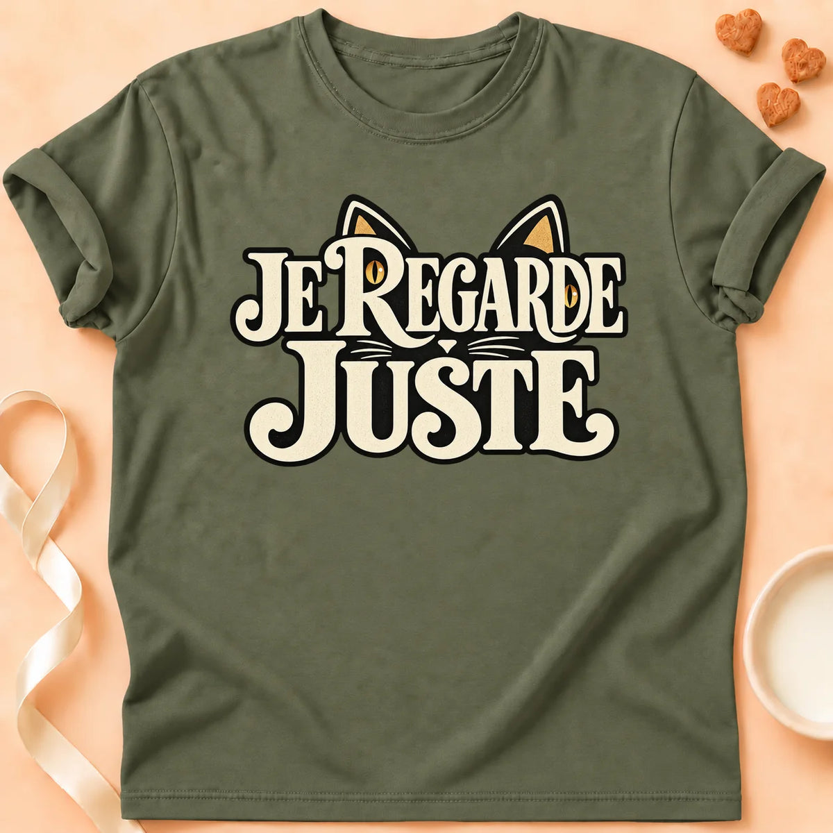 T-shirt chat Patoume – T-shirt Je regarde juste – Vert kaki