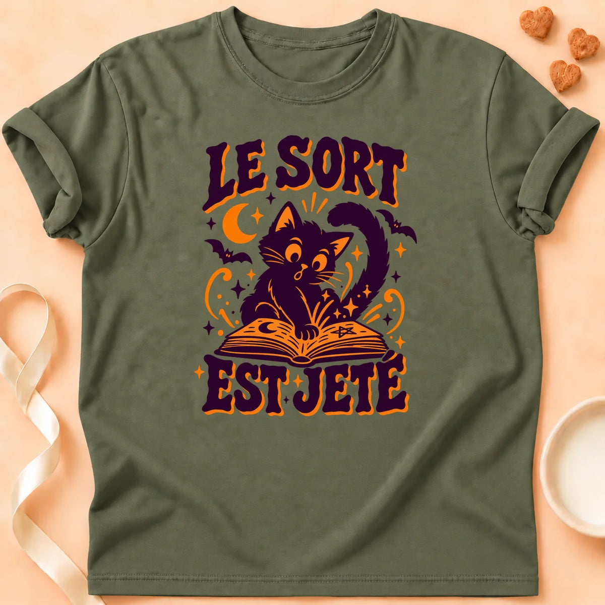 T-shirt chat Patoume – T-shirt Sort jeté – Vert kaki