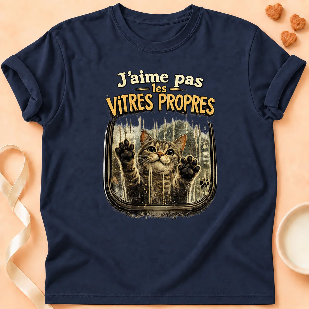 T-shirt chat Patoume – T-shirt « J’aime pas les vitres propres » – Bleu marine