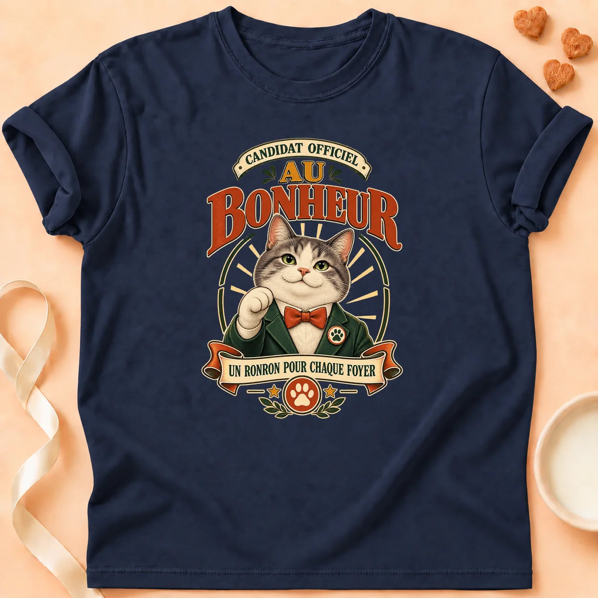 T-shirt chat Patoume – T-shirt Candidat au bonheur – Bleu marine