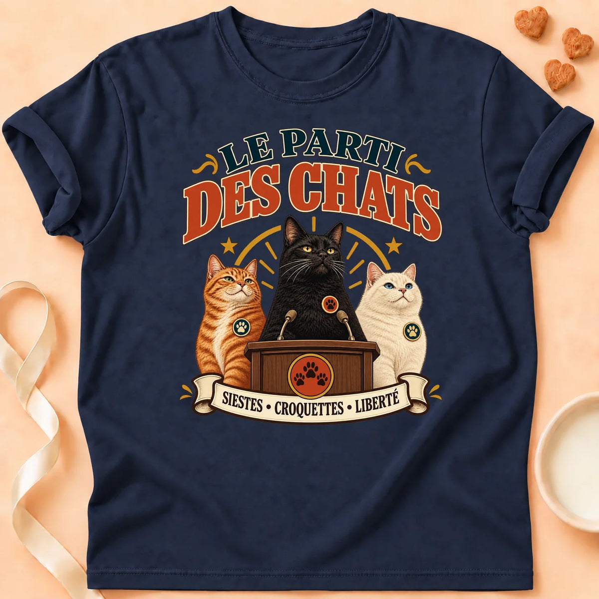 T-shirt chat Patoume – T-shirt Parti des chats – Bleu marine
