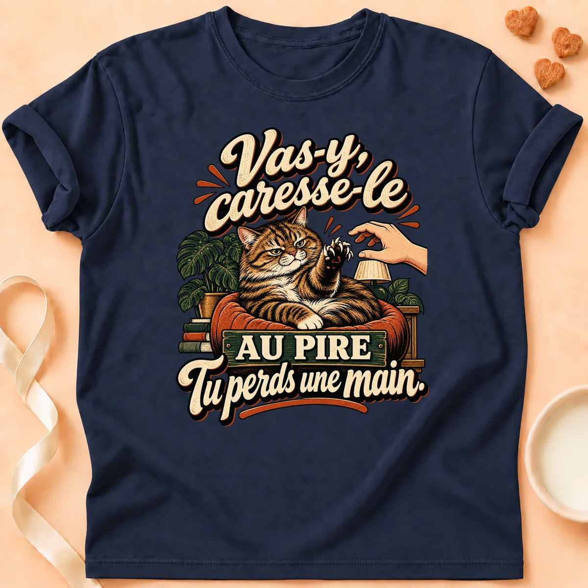 T-shirt chat Patoume – T-shirt Caresse le – Bleu marine