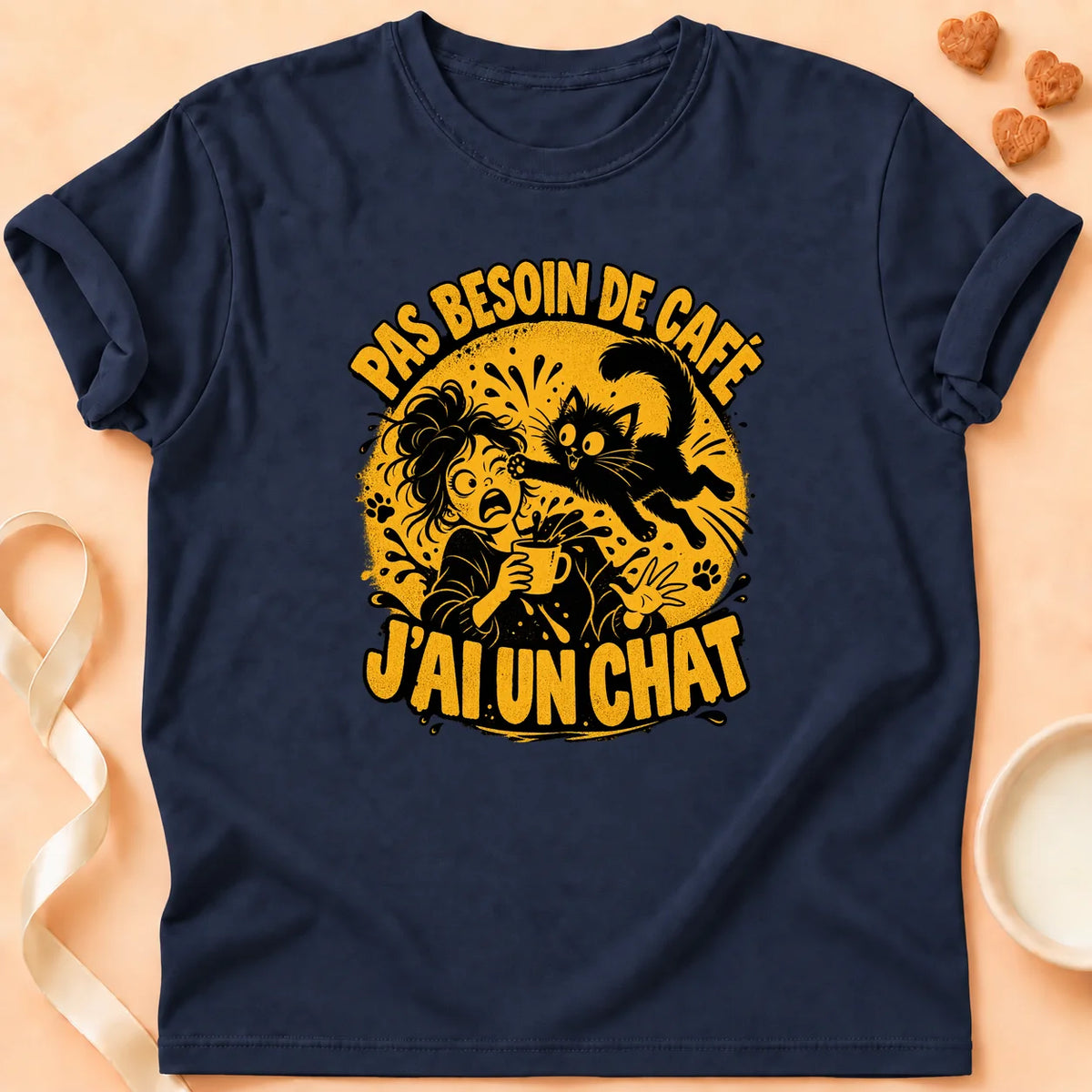 T-shirt chat Patoume – T-shirt Pas besoin de café – Bleu marine