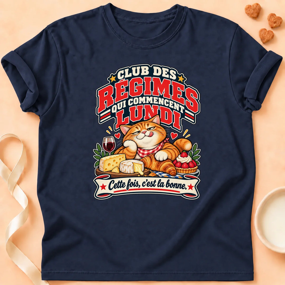 T-shirt chat Patoume – T-shirt Je commence Lundi le régime – Bleu marine