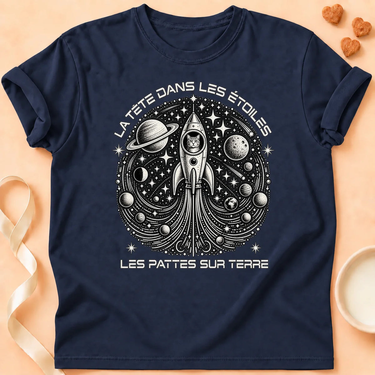 T-shirt chat Patoume – T-shirt Dans les étoiles – Bleu marine