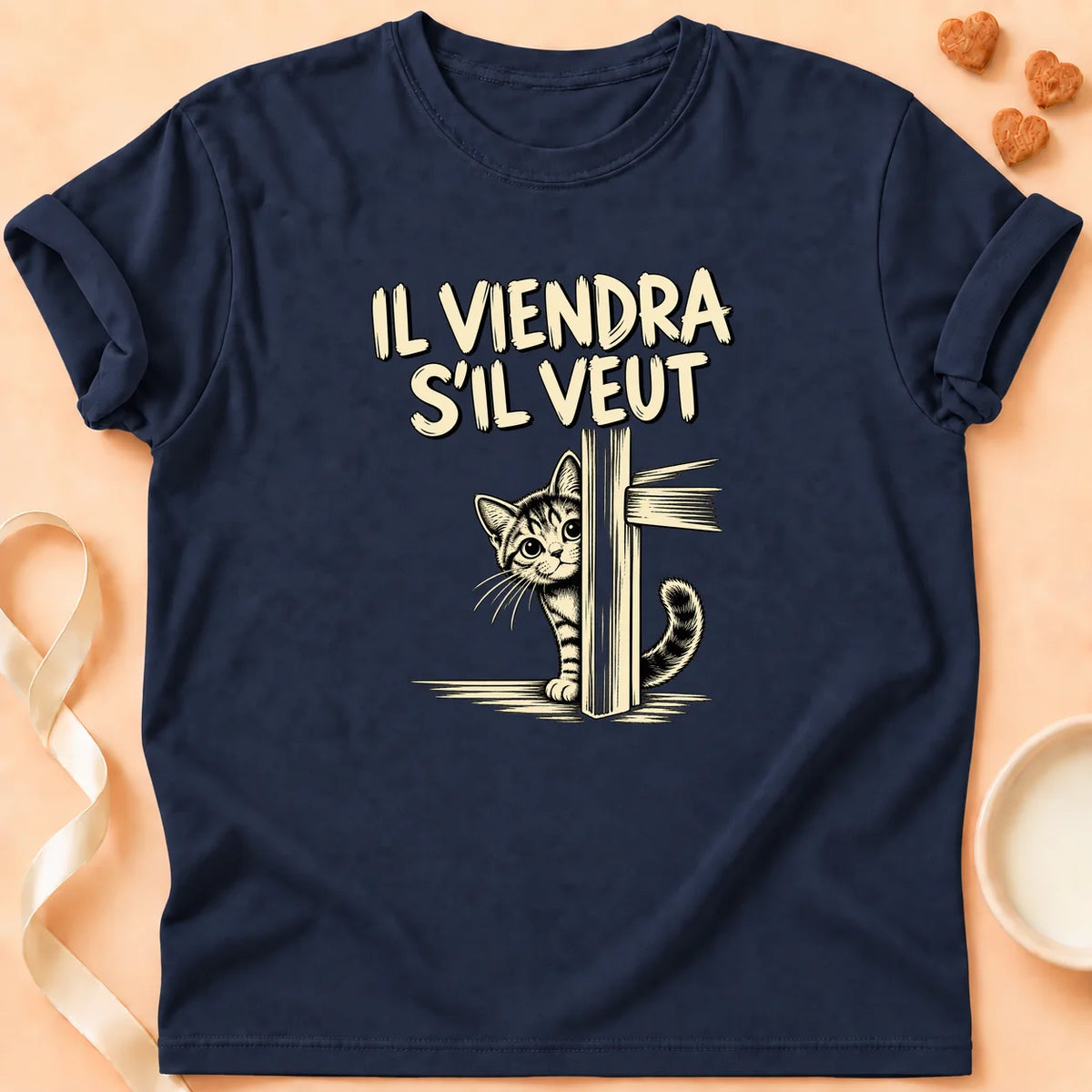 T-shirt chat Patoume – T-shirt Il viendra s’il veut – Bleu marine