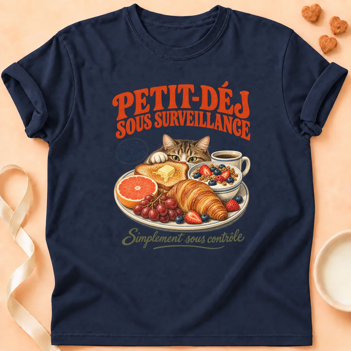 T-shirt chat Patoume – T-shirt Petit déj – Bleu marine