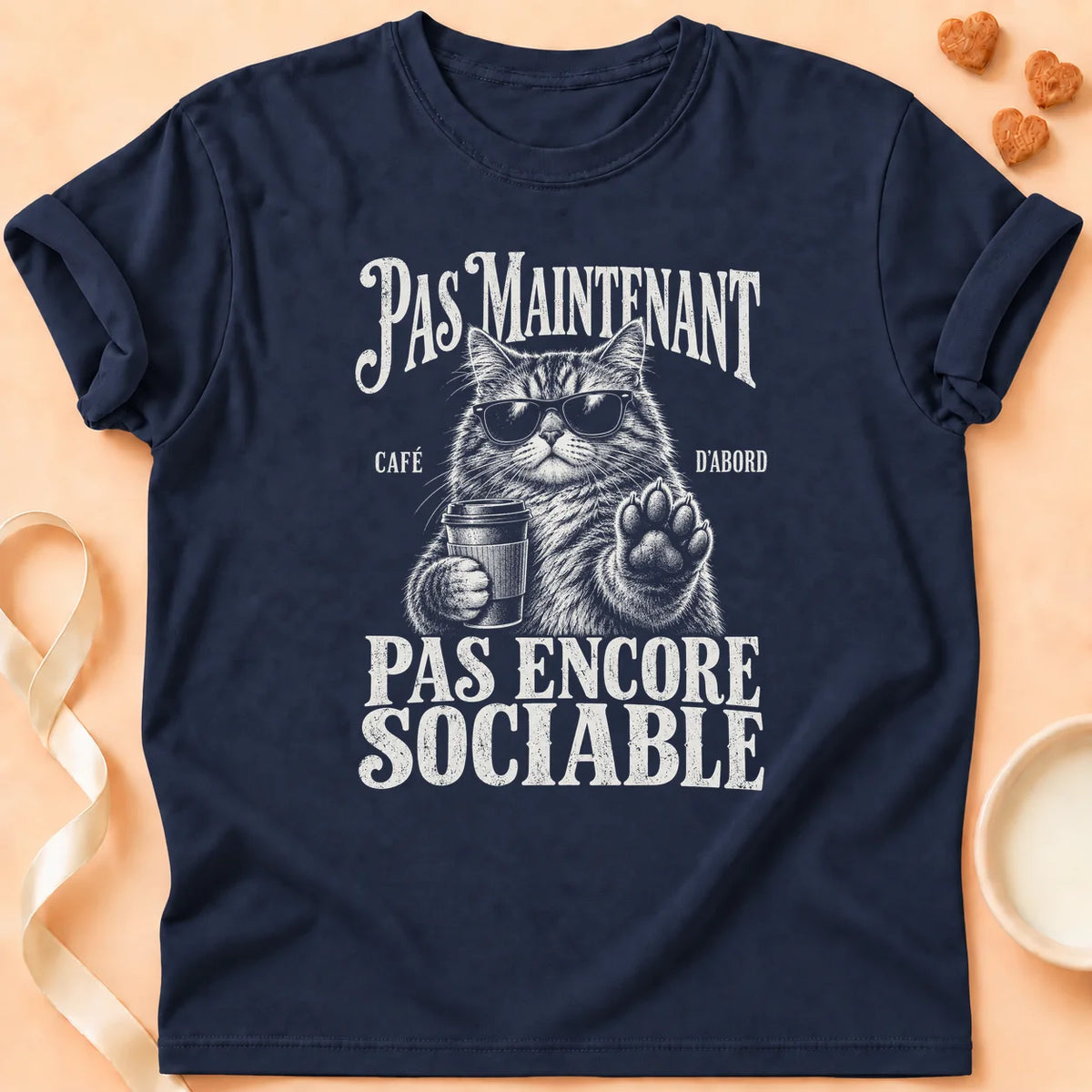 T-shirt chat Patoume – T-shirt Pas maintenant – Bleu marine