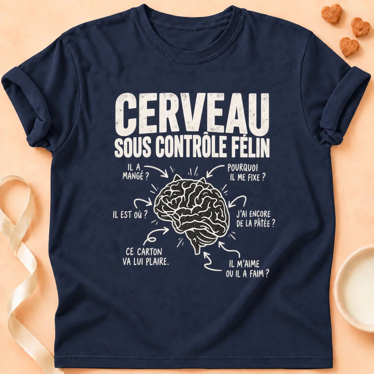 T-shirt chat Patoume – T-shirt Cerveau félin – Bleu marine