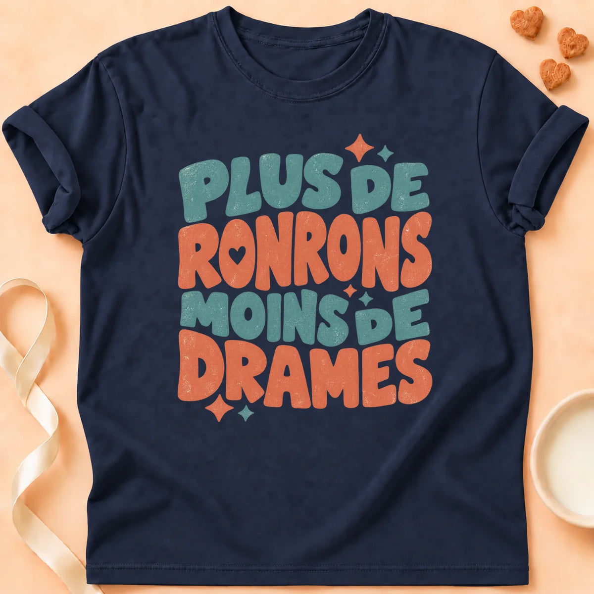 T-shirt chat Patoume – T-shirt Moins de drames – Bleu marine