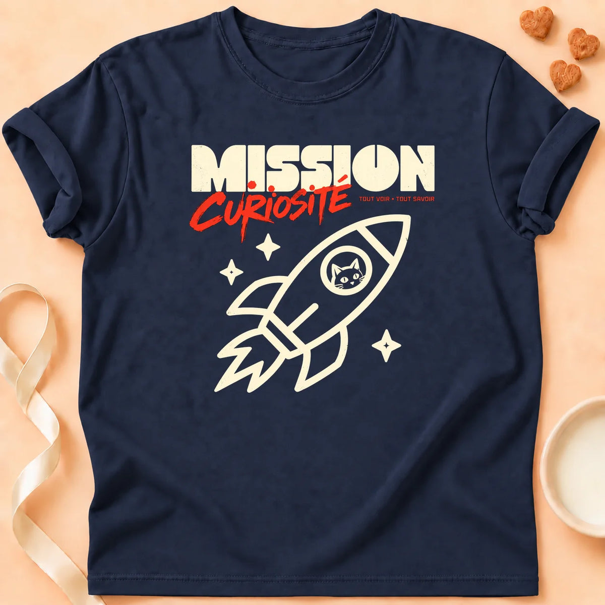 T-shirt chat Patoume – T-shirt Mission curiosité – Bleu marine