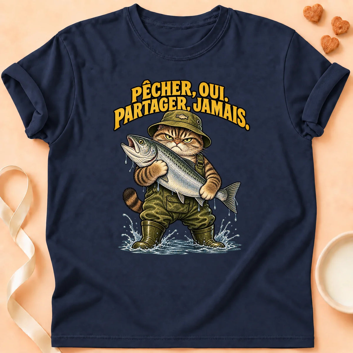 T-shirt chat Patoume – T-shirt Ne partage jamais – Bleu marine
