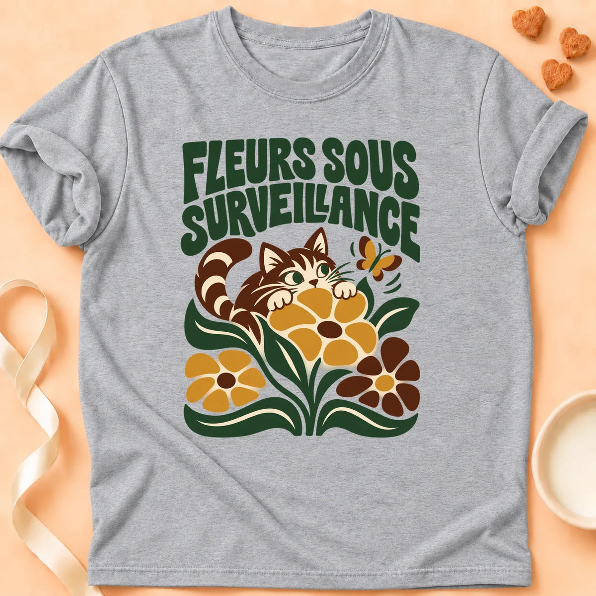 T-shirt chat Patoume – T-shirt Fleurs sous surveillance – Gris
