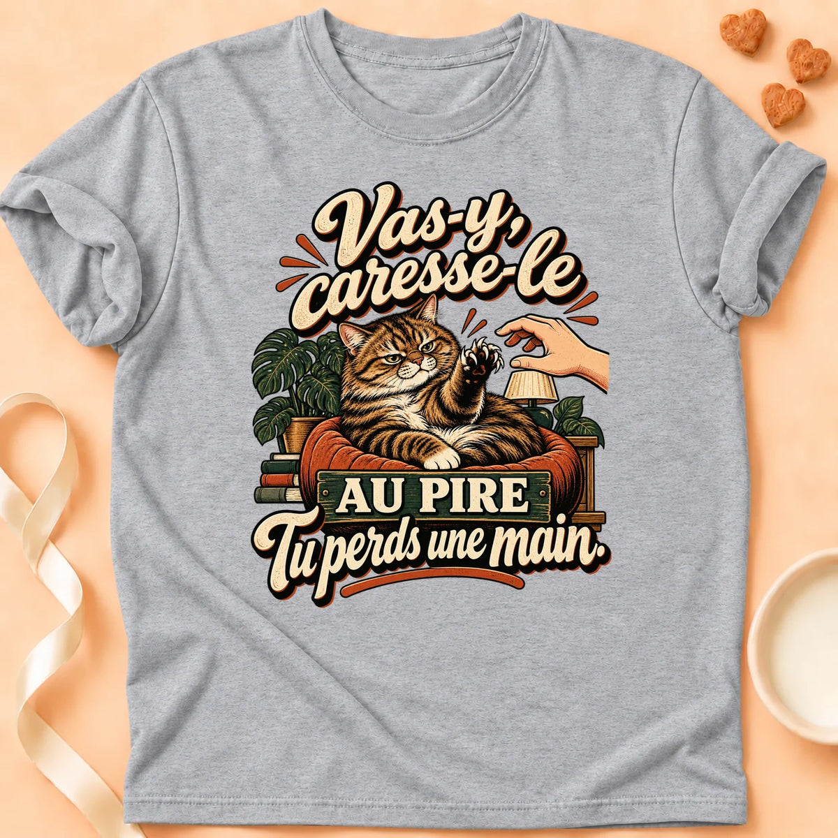 T-shirt chat Patoume – T-shirt Caresse le – Gris