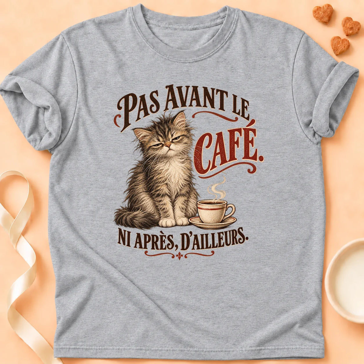 T-shirt chat Patoume – T-shirt Pas avant le café – Gris