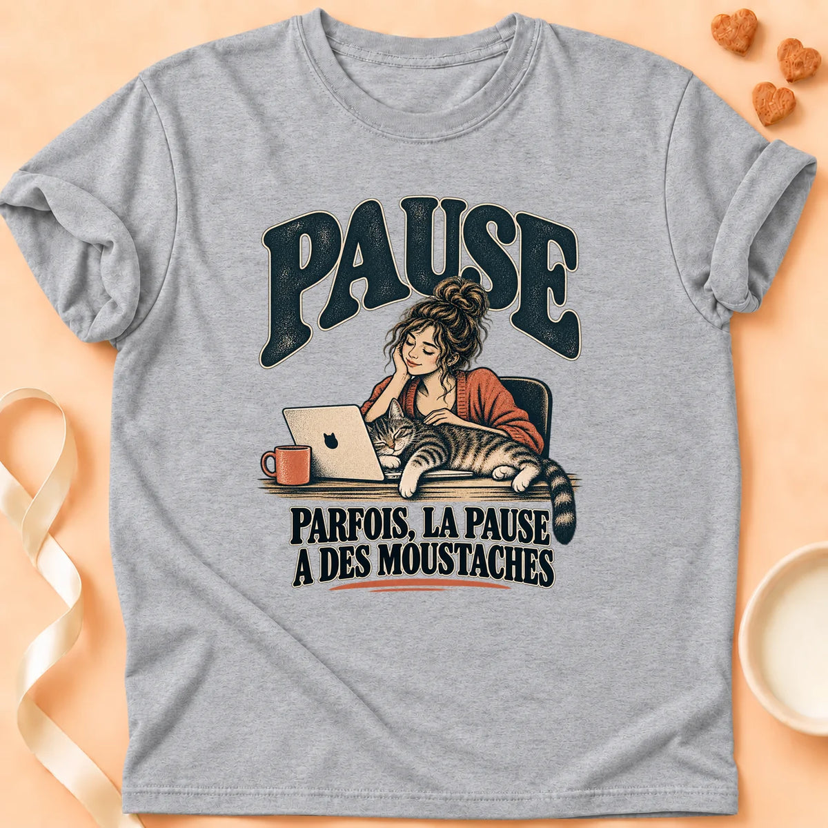 T-shirt chat Patoume – T-shirt Pause moustaches – Gris
