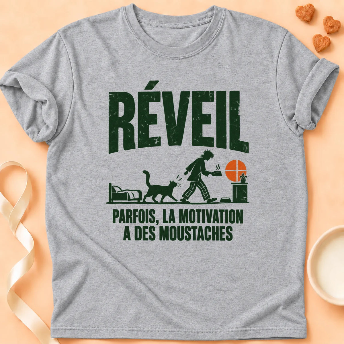 T-shirt chat Patoume – T-shirt La motivation réveil – Gris