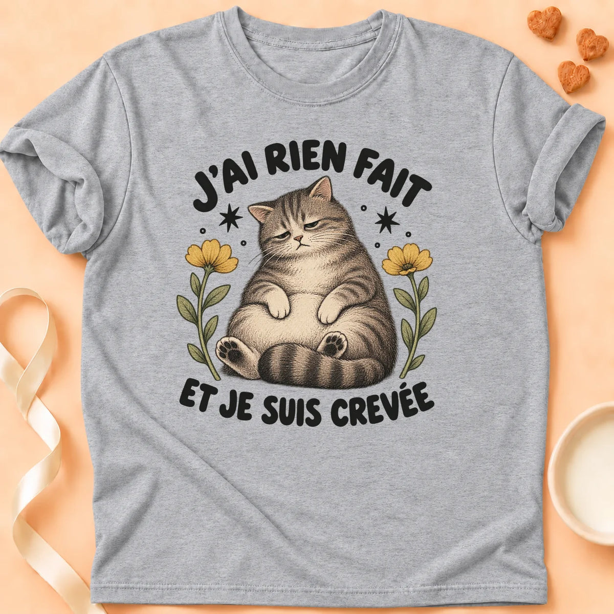 T-shirt chat Patoume – T-shirt Je suis crevée – Gris