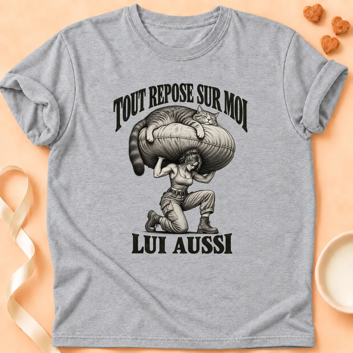 T-shirt chat Patoume – T-shirt Tout repose sur lui – Gris