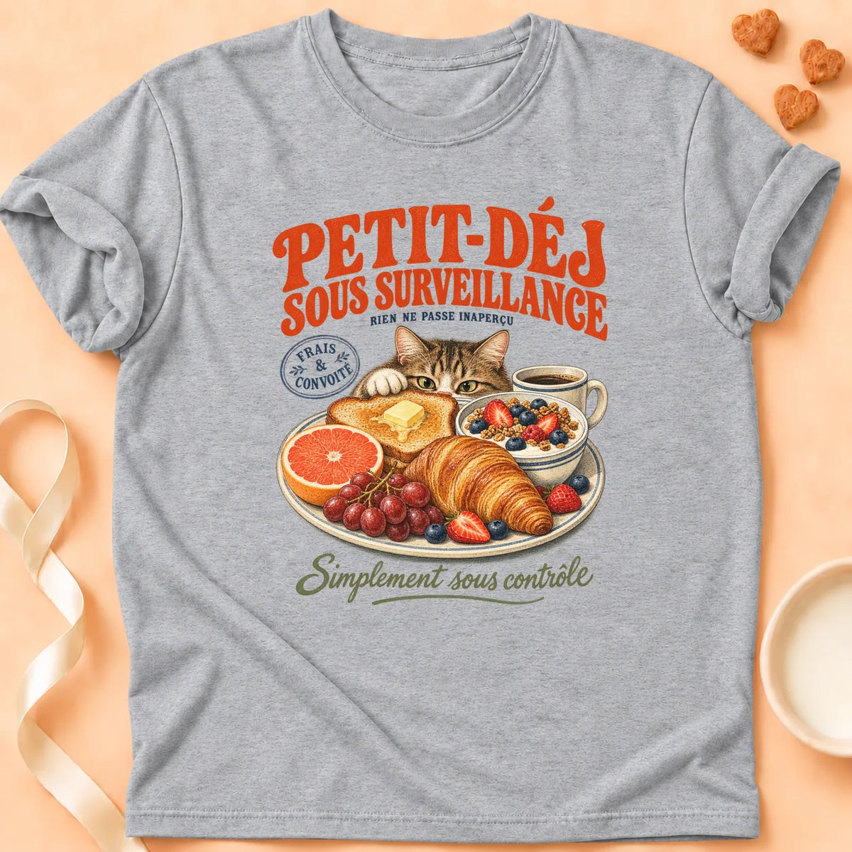 T-shirt chat Patoume – T-shirt Petit déj – Gris