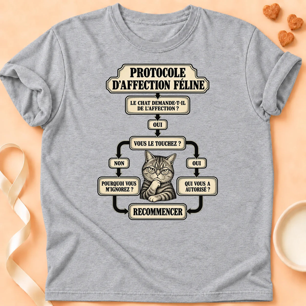 T-shirt chat Patoume – T-shirt Protocole d’affection – Gris