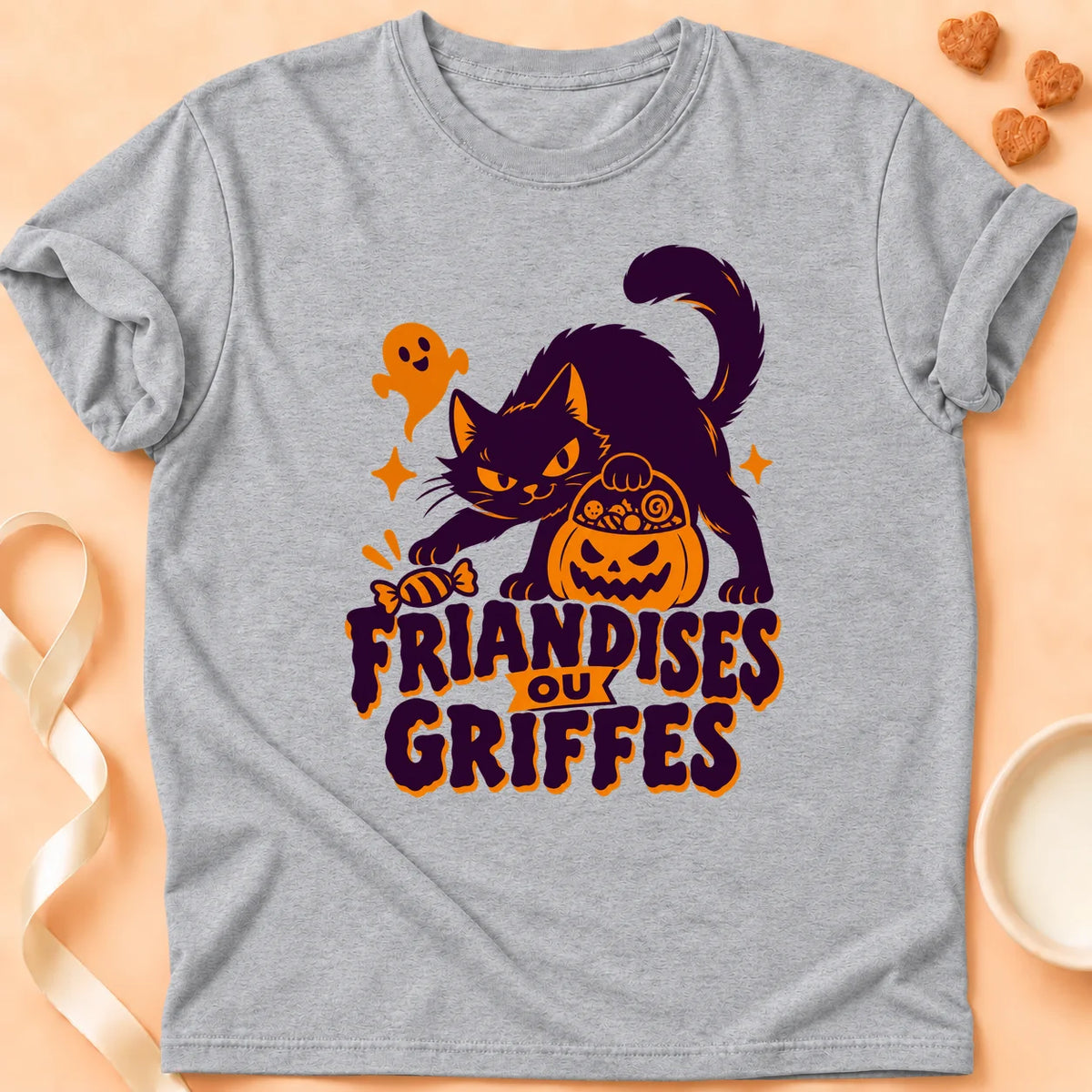 T-shirt chat Patoume – T-shirt Friandises ou griffes – Gris