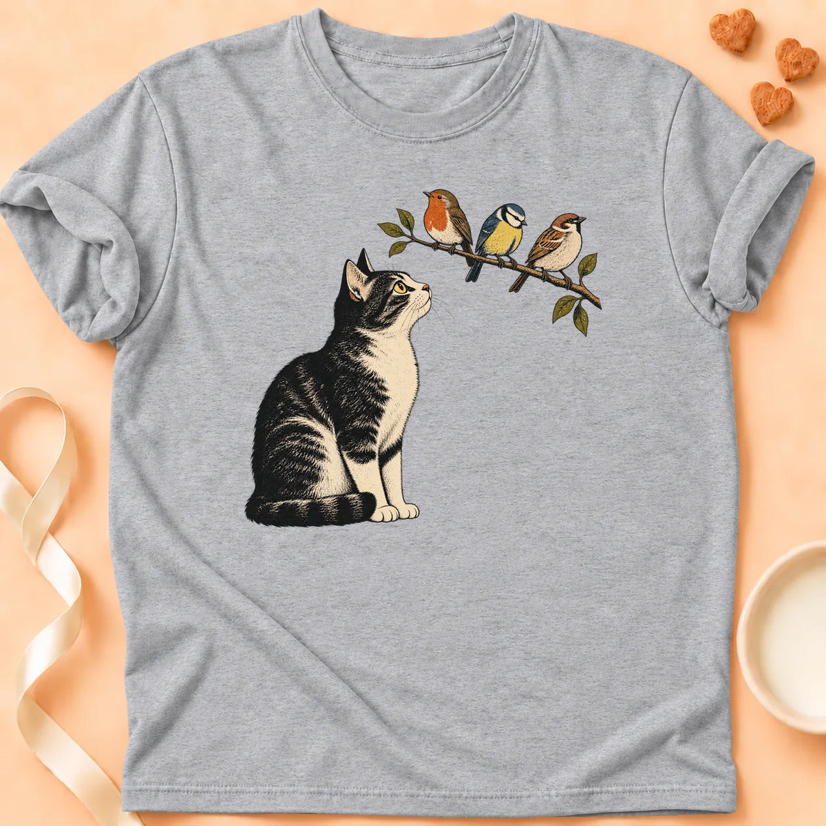 T-shirt chat Patoume – T-shirt Oiseaux – Gris