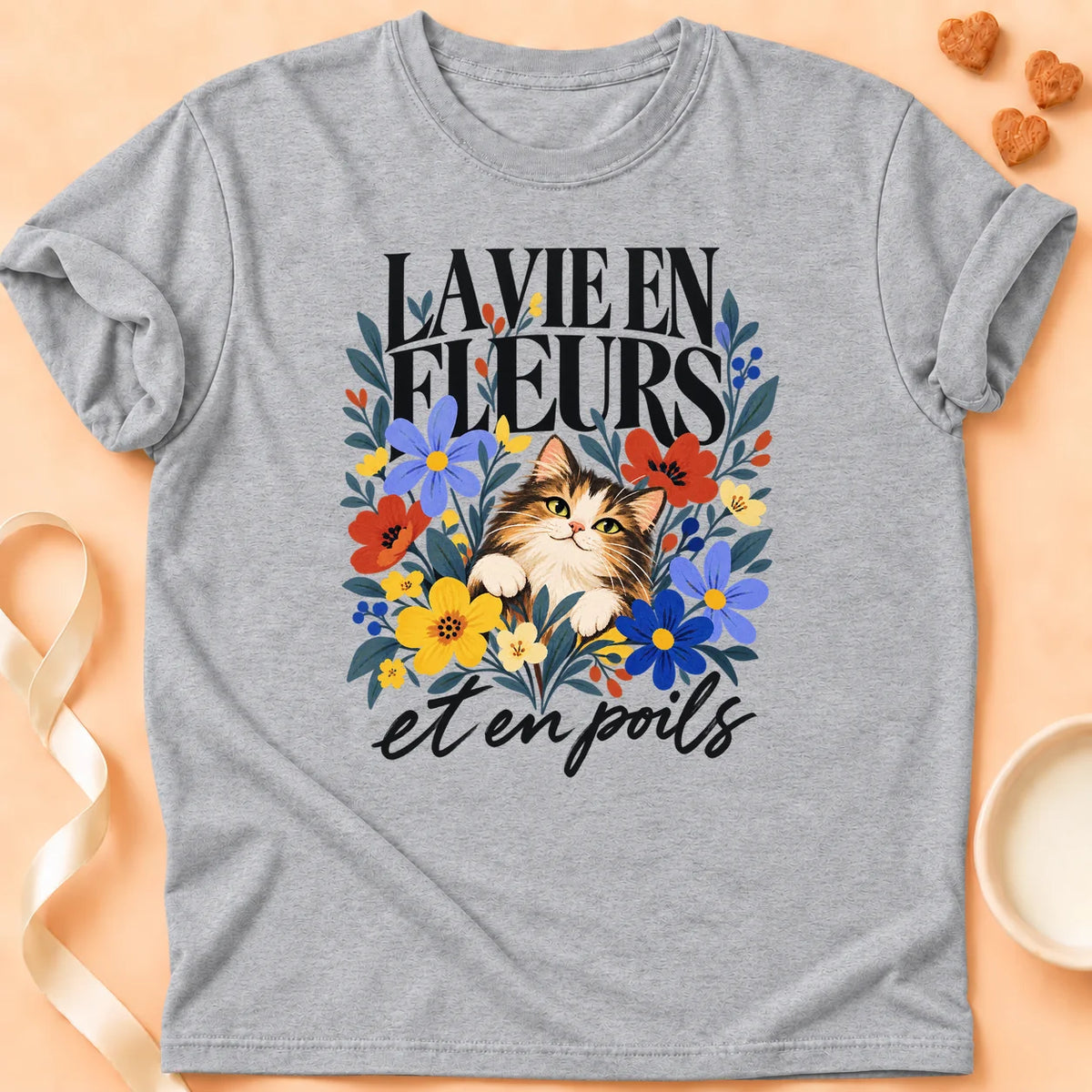 T-shirt chat Patoume – T-shirt La vie en fleurs – Gris