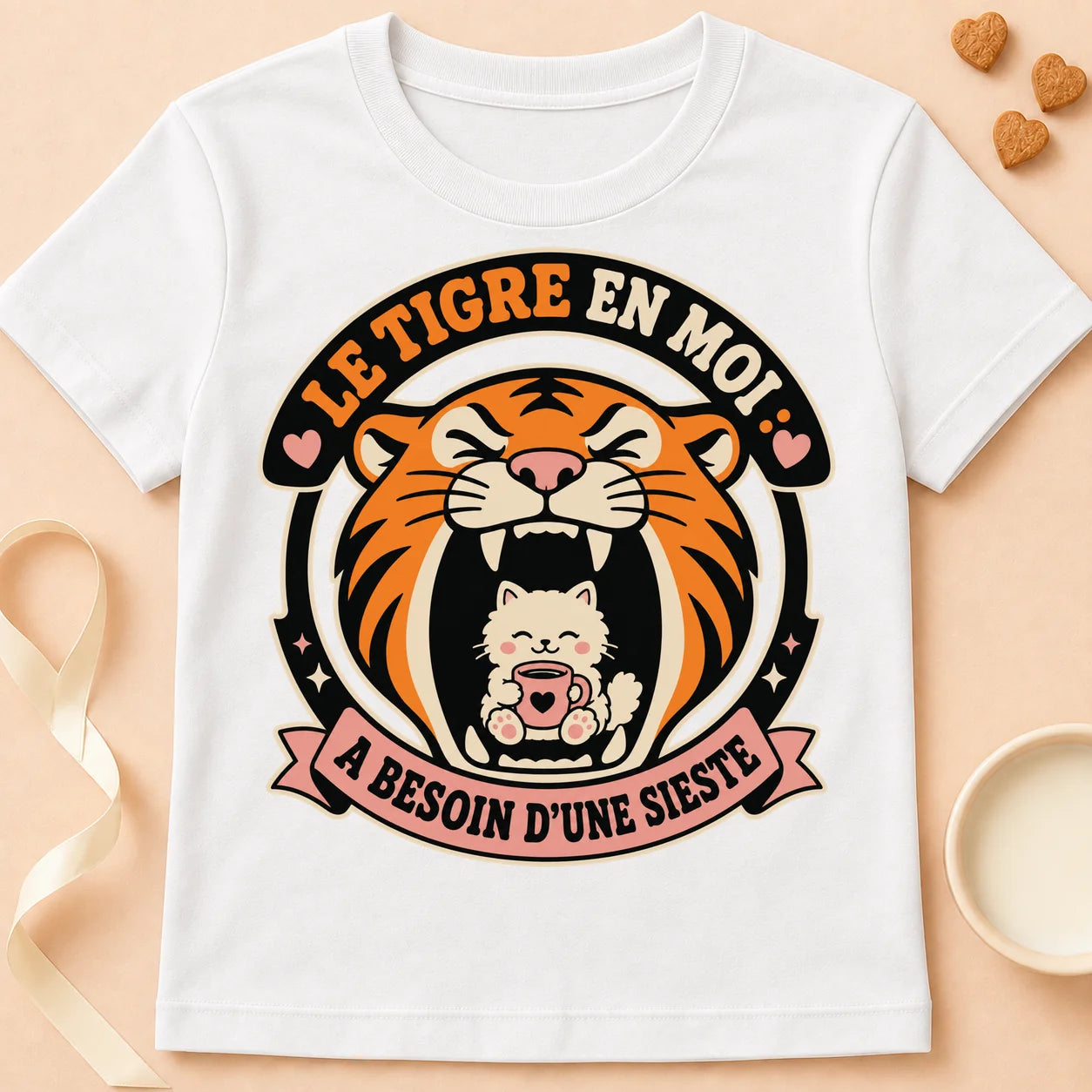 T-shirt chat Patoume – T-Shirt Sieste – Blanc